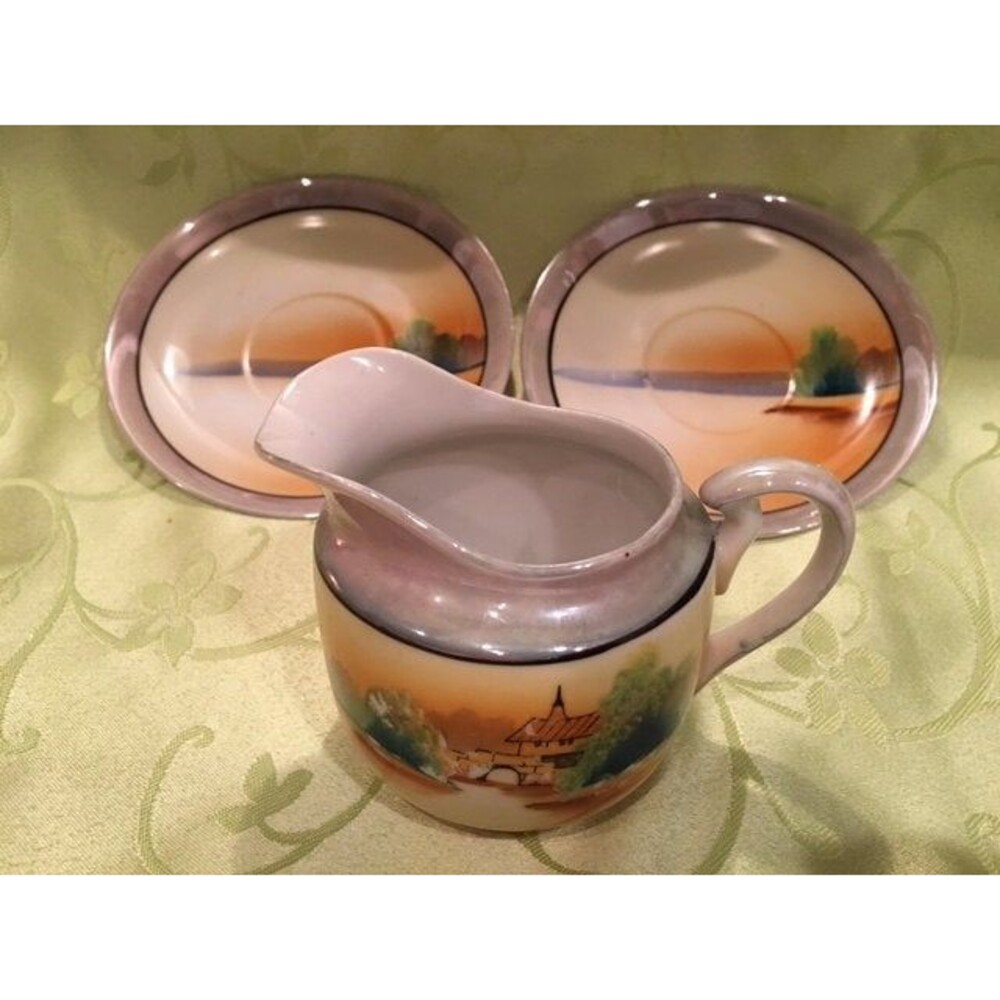 Vintage Blue Luster Hand Painted Chikaramachi Japan Set of 2 Saucers and Creamer
